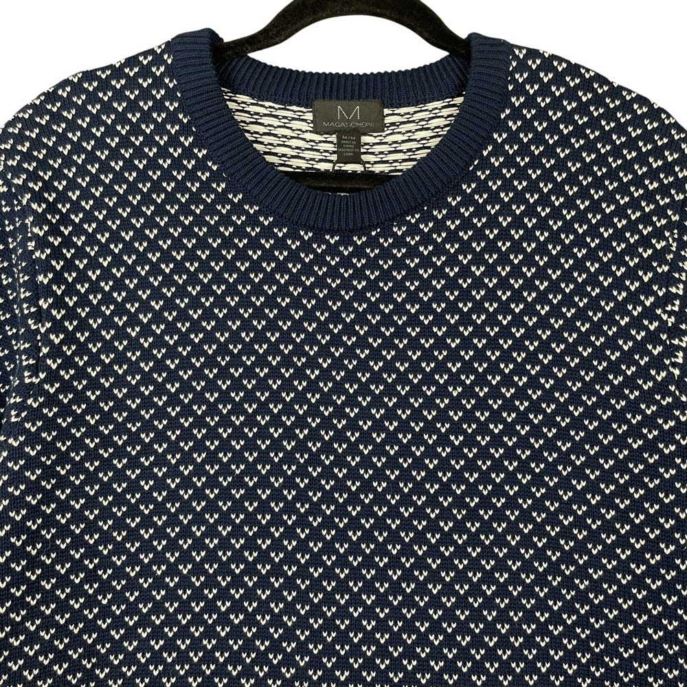 Magaschoni Men's Knit Sweater Medium Navy Blue White Crewneck Cotton Preppy NWT - Picture 2 of 9